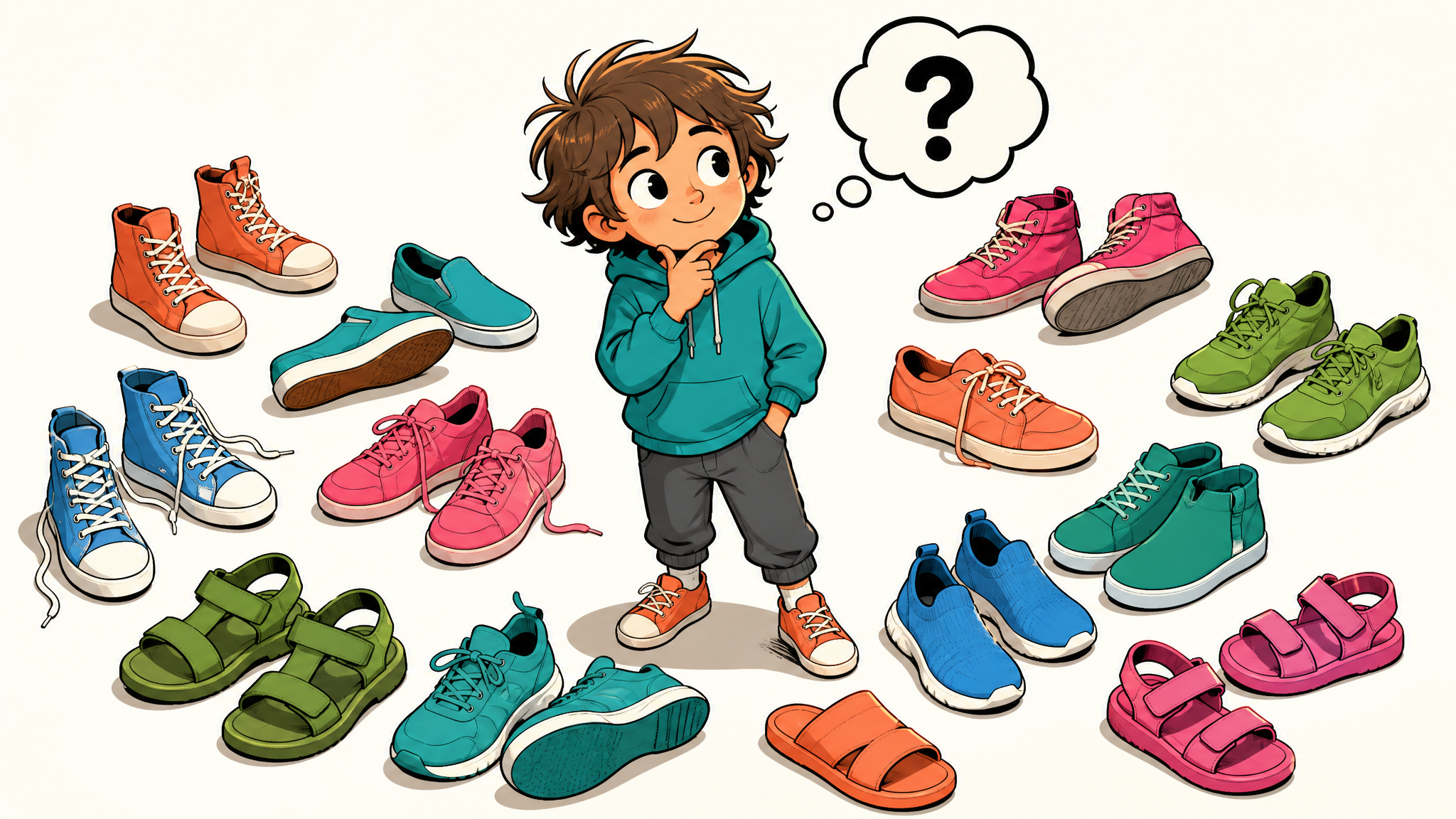 Kind steht inmitten vieler bunter Schuhe und überlegt, welcher der richtige ist